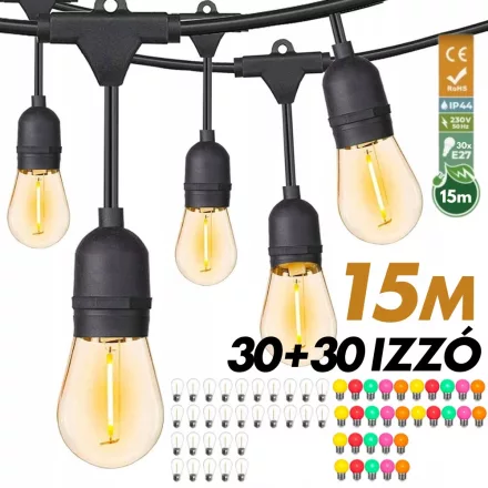 Kültéri fényfüzér kerti égősor girland 15m + 30db színes parti izzó - Sorolható IP44 E27