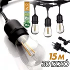 Kültéri lámpafüzér LED izzókkal - 15méter - 30db LED izzó - Kerti izzósor, girland, dekorációs világítás - IP44