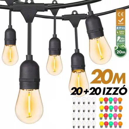 Kültéri fényfüzér kerti égősor girland 20m + 20db színes parti izzó - Sorolható IP44 E27
