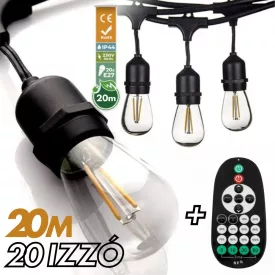   Kültéri fényfüzér kerti égősor girland 20m - 20db izzó + távirányító | Sorolható IP44 E27